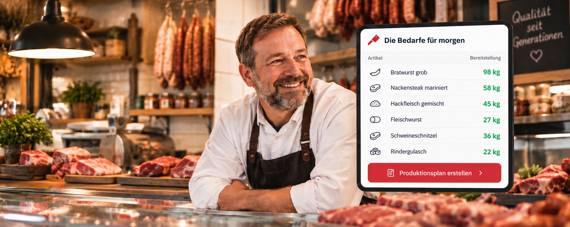 Ein Metzger lächelt hinter seiner Fleischtheke. Daneben zeigt ein Tablet seinen Fleischer-AI-Plan für morgen: Bratwurst grob 81 kg erwartet, 98 kg bereithalten, mit Hinweis auf den Tag vor einem Feiertag.